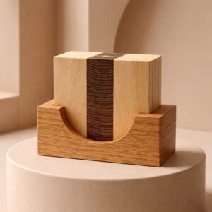 White Oak and Maple Coaster – 5 Coaster Set with Holder