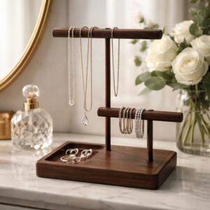 Handcrafted Jewelry stand, tiered bars with catchall tray, minimalist organizer