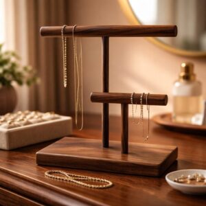 Elegant Walnut Necklace and Bracelet Stand, dual tier jewelry holder, handmade wooden organizer, t bar display, modern home gift idea