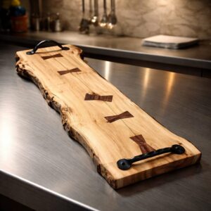 Live Edge Red Box Elder Charcuterie Board, walnut bow tie inlays, 27.5 x 9 x .75 in, handmade, food safe, serving tray