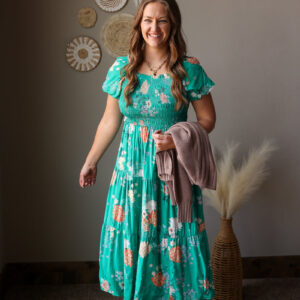 Shop Iowa Kelly Green Floral Smocked Tiered Maxi Dress with Bubble Sleeves Kelly Green Floral Smocked Tiered Maxi Dress with Bubble Sleeves