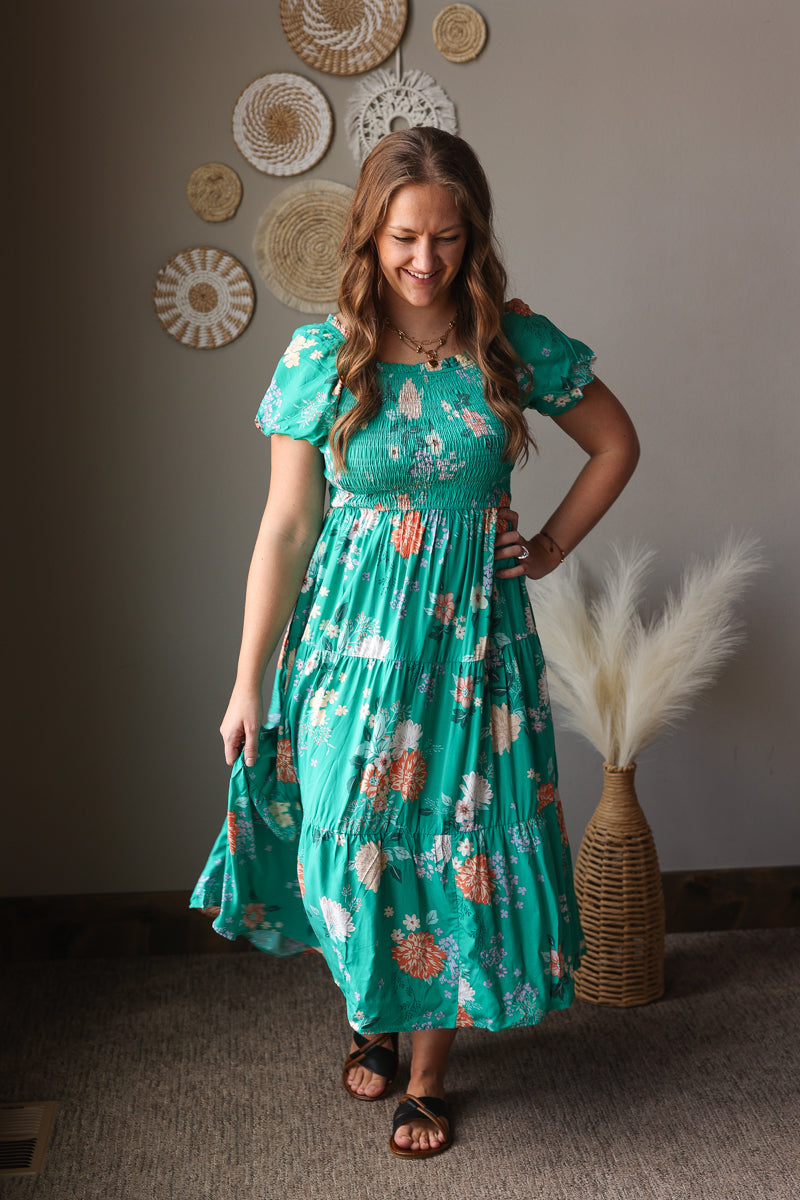 Kelly Green Floral Smocked Tiered Maxi Dress with Bubble Sleeves