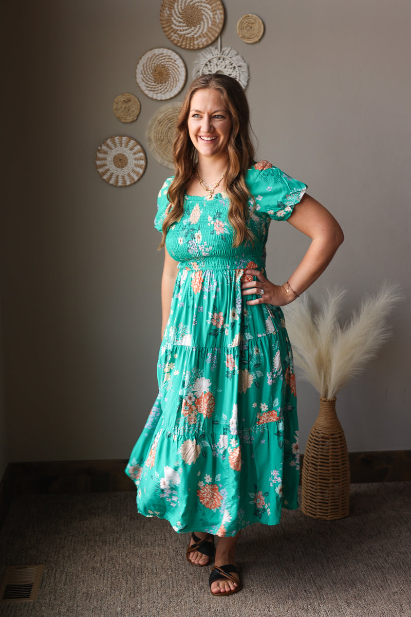 green floral occasion dress Green Embroidery Tulle With Floral Applique Off The Shoulder Tea Length  Spring Dresses, CP1140 main image 1