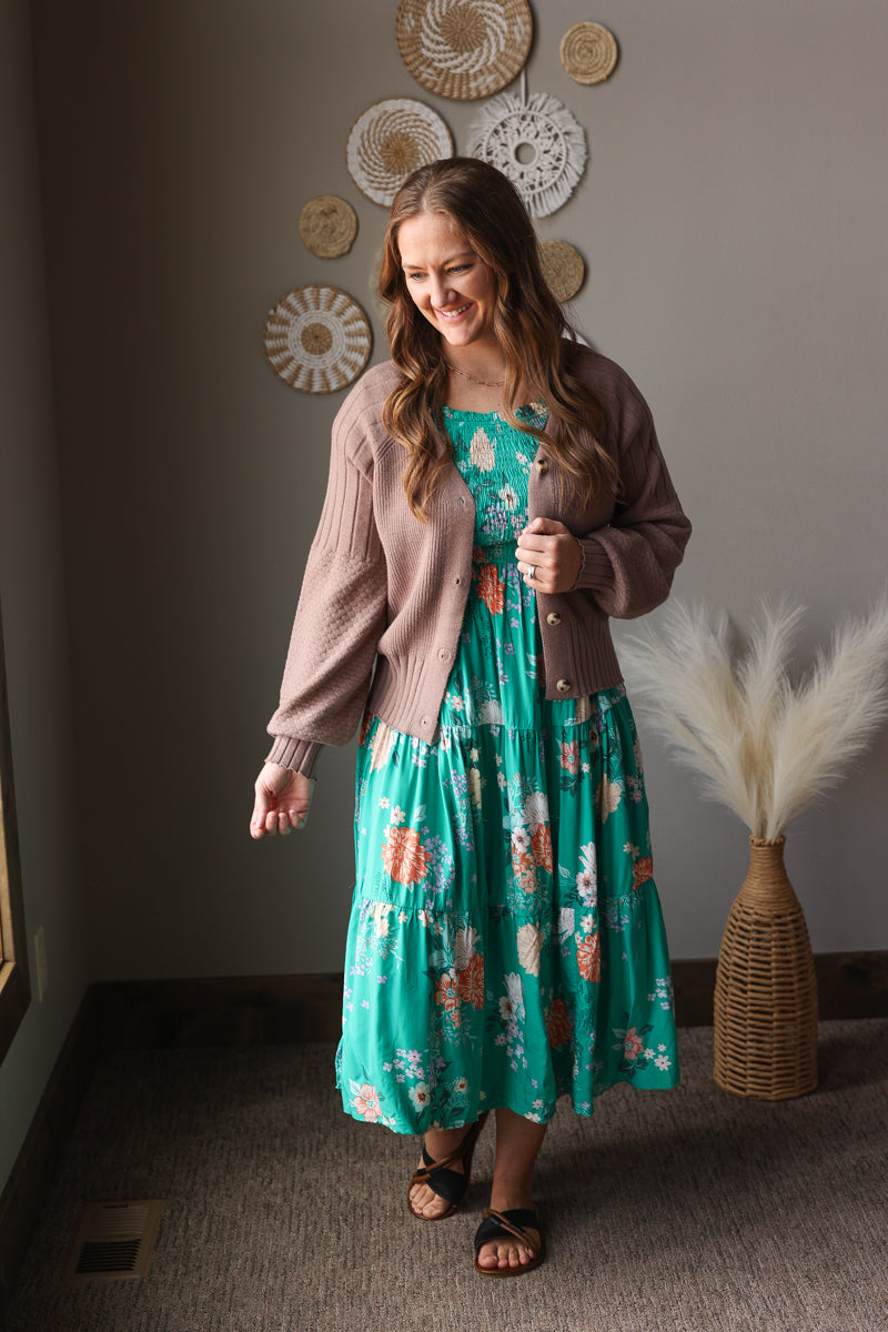 Kelly Green Floral Smocked Tiered Maxi Dress with Bubble Sleeves  Shop Iowa