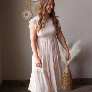 Sand Biege Smocked Ruffle Sleeve Midi Dress