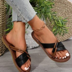 Zara Two-Tone Criss Cross Summer Sandal Slides – Black & Tan