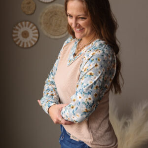 Parchment Floral Contrast Ribbed V-Neck Long Sleeve Top