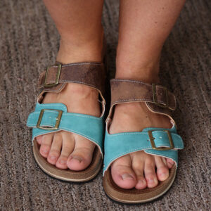 Shop Iowa Lagoon Blue Two Tone Retro Buckle Strap Slides Sandals Lagoon Blue Two Tone Retro Buckle Strap Slides Sandals