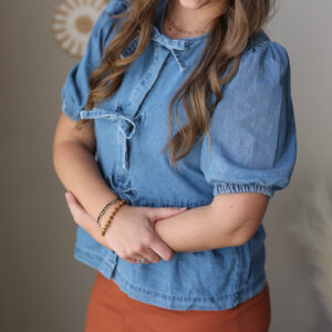 Shop Iowa Sophie Tie-Front Puff Sleeve Peplum Denim Blouse Sophie Tie-Front Puff Sleeve Peplum Denim Blouse
