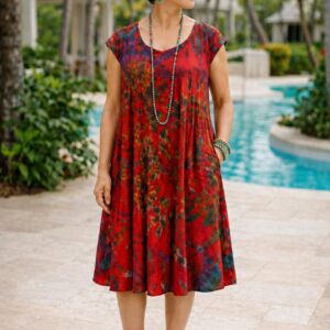 Tie Dye Dress Cap Sleeves Red