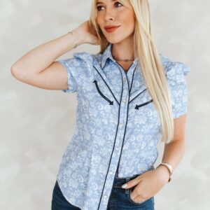 Wildflower Rodeo: Blue Western Toile Puff Sleeve Pearl Snap Shirt