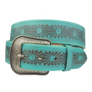Western Hand-Painted Floral Tooled Belt — Turquoise Detail with Buckle