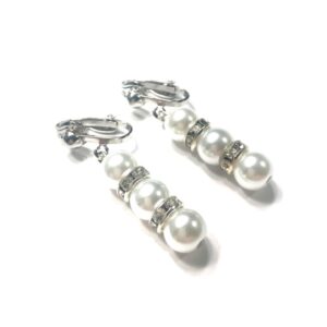 Handmade White Glass Pearl Beaded Rhinestone Clip On Earrings