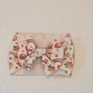 Groovy Love Bullet Fabric Hair Bow Set | Retro Rainbow Peace Sign Bows | Baby Headwrap, Nylon Headband & Piggies