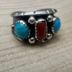 Shop Iowa Reed Charley Navajo Kingman Turquoise & Coral Sterling Silver Ring Reed Charley Navajo Kingman Turquoise & Coral Sterling Silver Ring