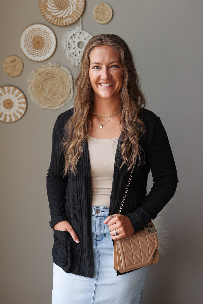 Shop Iowa Black Ribbed Open Front Comfort Cardigan with Pockets Black Ribbed Open Front Comfort Cardigan with Pockets