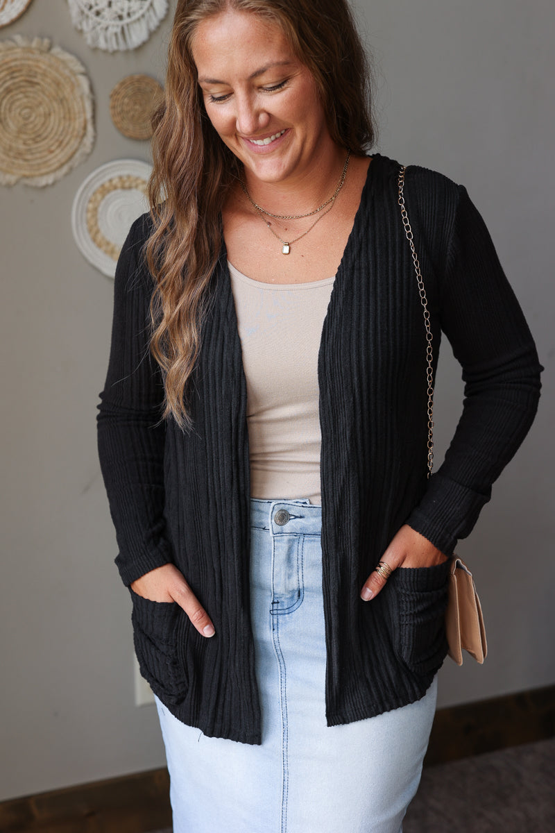 Shop Iowa Black Ribbed Open Front Comfort Cardigan with Pockets Black Ribbed Open Front Comfort Cardigan with Pockets