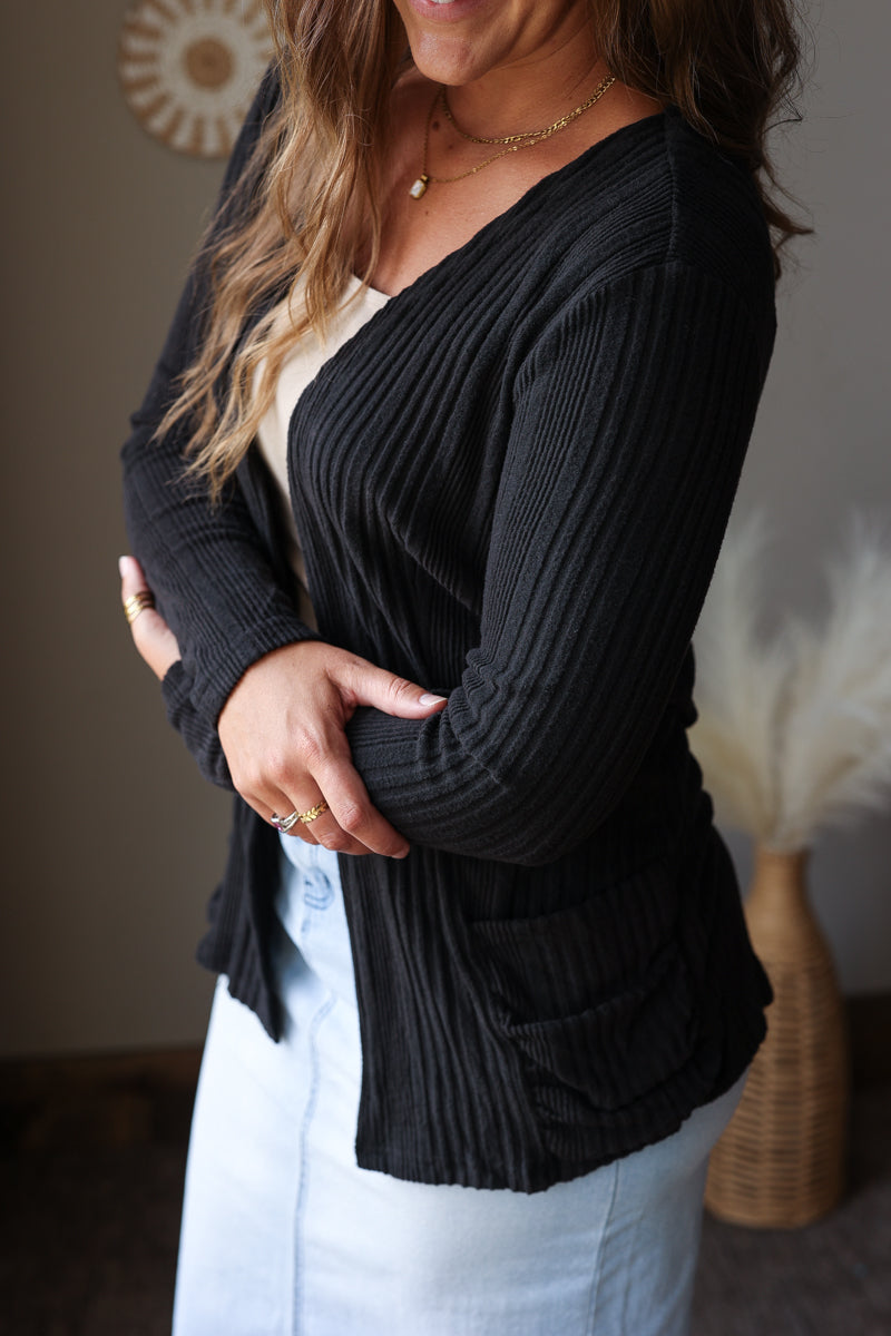 Shop Iowa Black Ribbed Open Front Comfort Cardigan with Pockets Black Ribbed Open Front Comfort Cardigan with Pockets
