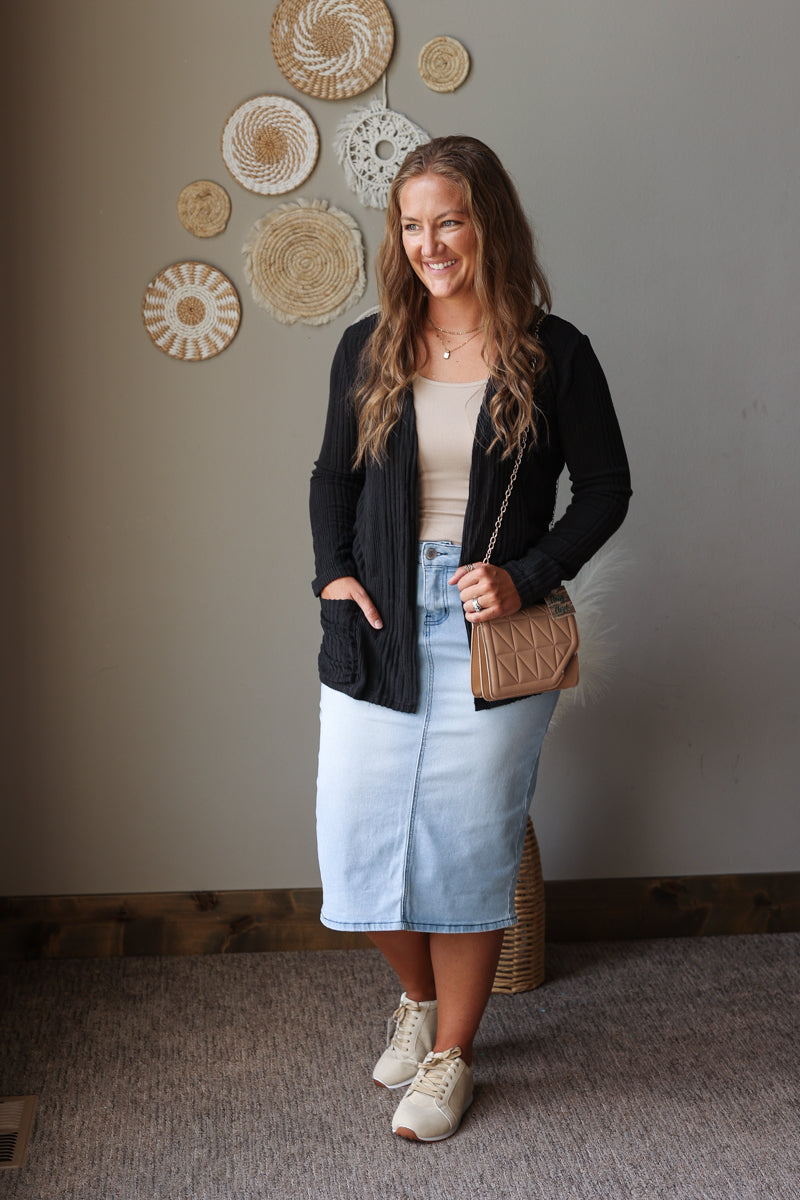 Shop Iowa Black Ribbed Open Front Comfort Cardigan with Pockets Black Ribbed Open Front Comfort Cardigan with Pockets