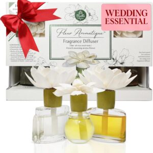 Fleur Aromatique Giftable Reed Diffuser Set – Plant Based Essential Oil Home Fragrance with Handcrafted Sola Wood Flowers Botanical Aroma Decor – Perfect as Wedding Gift, for Couple & Newlywed – Set of 3